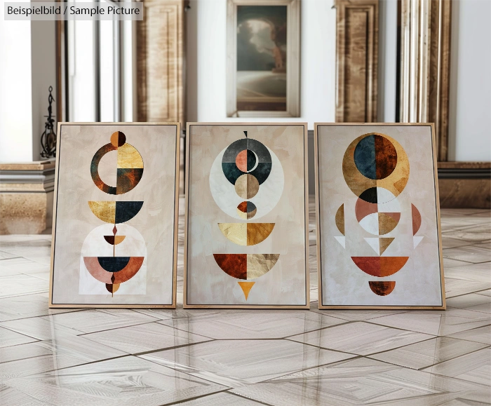 Three abstract geometric paintings with circular and triangular shapes, framed and placed on a polished wooden floor.