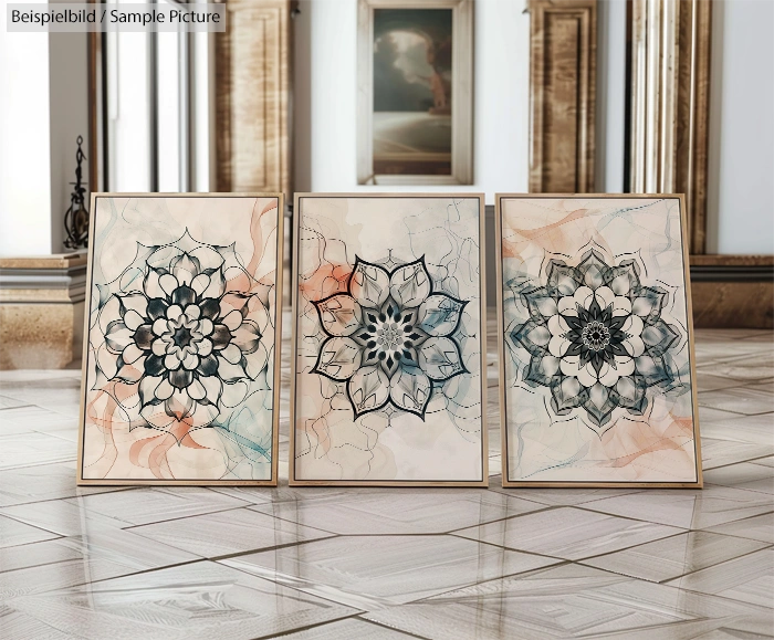 Three framed mandala art pieces on a floor with soft beige and blue tones in an elegant room with framed wall art.