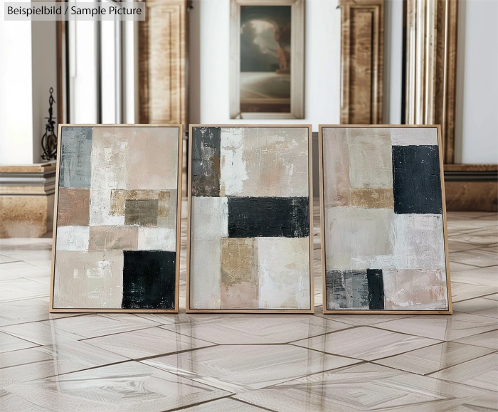 Three abstract paintings with geometric shapes in neutral tones, displayed in an ornate room with wooden accents.