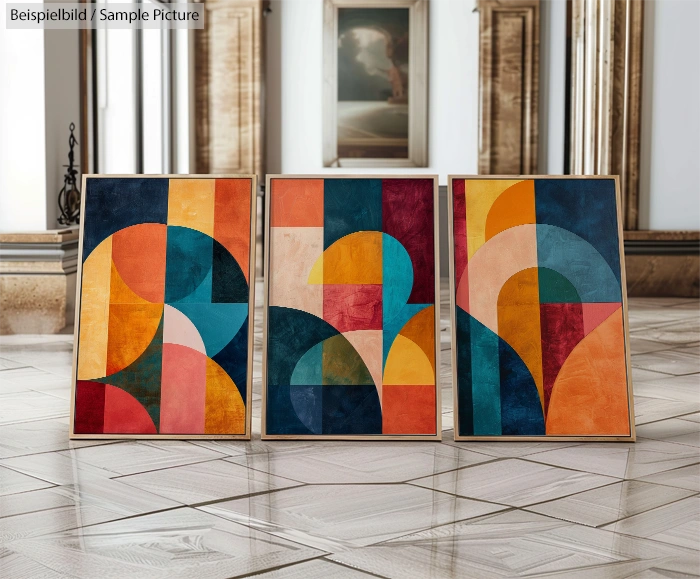 Three framed geometric abstract paintings with vibrant colors on a marble floor in a classic room.