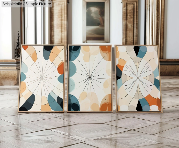 Three abstract art panels with geometric patterns in blue, orange, and beige, displayed on a parquet floor.