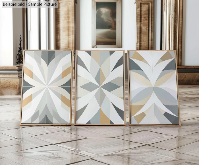 Geometric abstract art pieces on a floor against a reflective background.