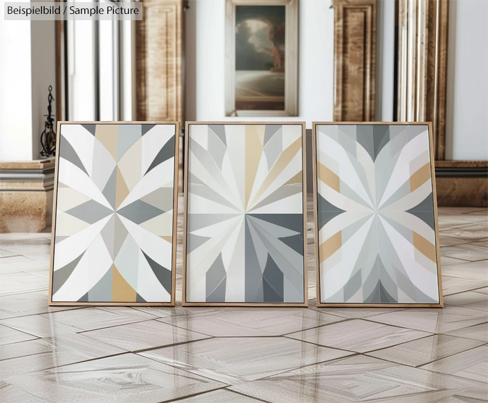 Three abstract geometric paintings in a gallery setting with parquet flooring and ornate wooden panels.