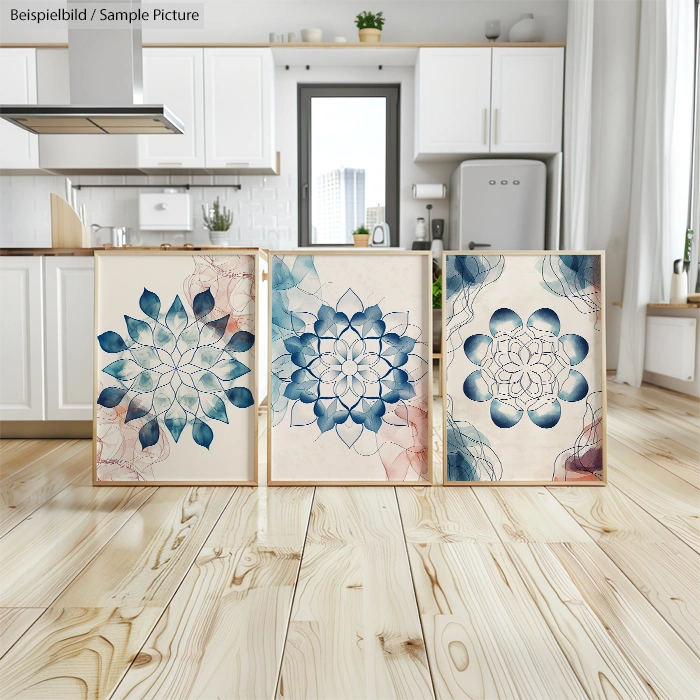 Modern kitchen with wooden floor and three framed abstract floral prints on the floor with blue and pink hues.