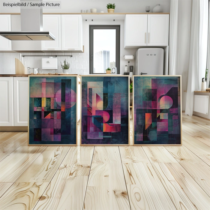 Geometric abstract paintings in vibrant colors displayed on a wooden floor in a modern kitchen setting.