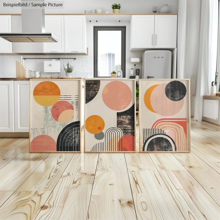 Modern kitchen with abstract geometric art displayed on light wood flooring.