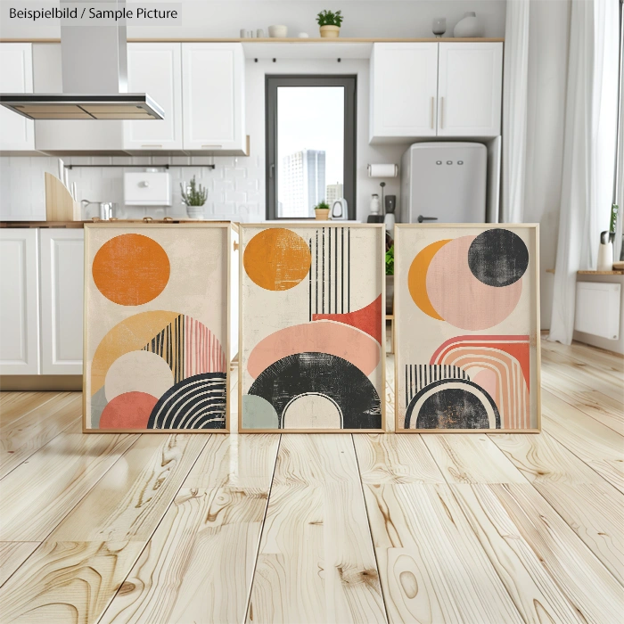 Three abstract art paintings with circles and arcs in warm tones on a wooden floor in a modern kitchen.