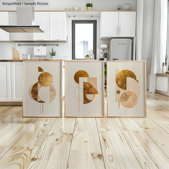 Three abstract paintings with gold and beige geometric shapes, displayed on a wooden floor in a modern kitchen.