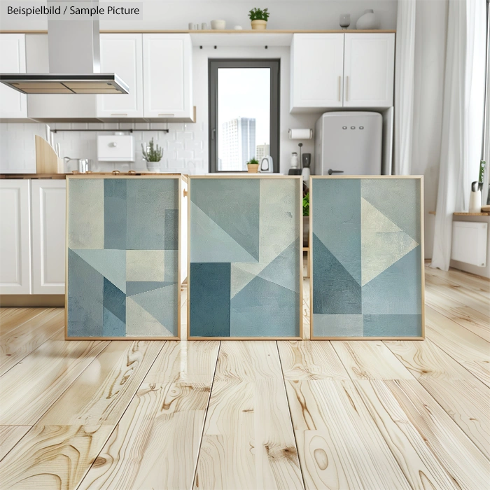 Contemporary kitchen with light wood flooring and three geometric abstract paintings leaning against a white cabinet.