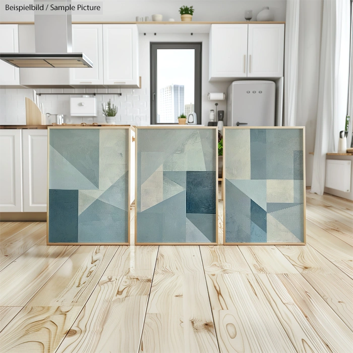 Geometric abstract paintings in blue tones displayed on a wooden floor in a modern kitchen.