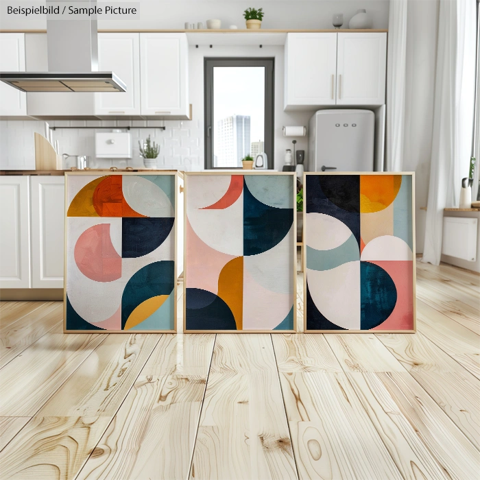 Three abstract geometric paintings on wooden floor in modern kitchen.