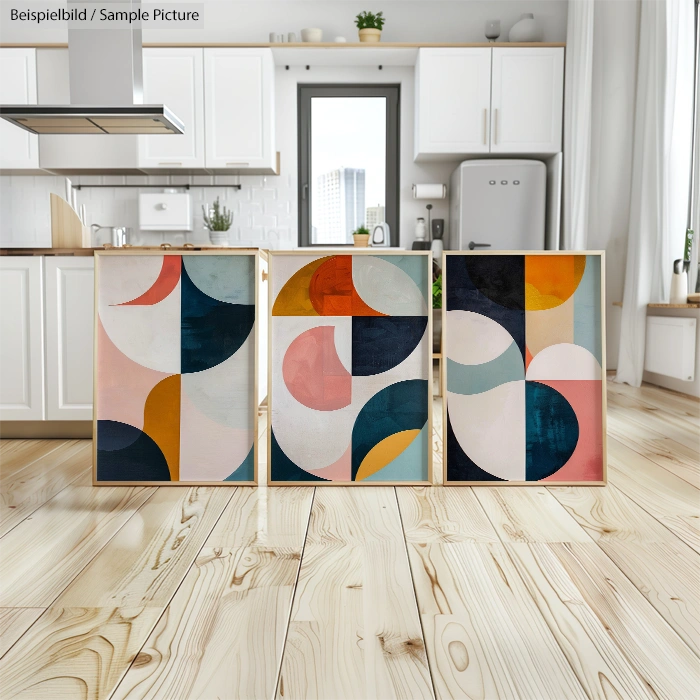 Kitchen interior with three framed abstract geometric paintings on wooden floor.