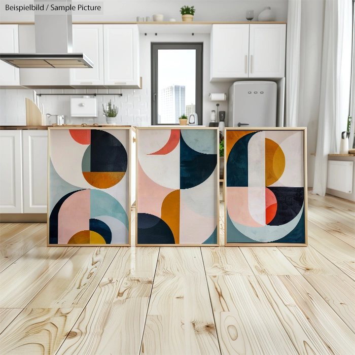 Abstract geometric paintings with curves and circles on floor in modern kitchen setting.