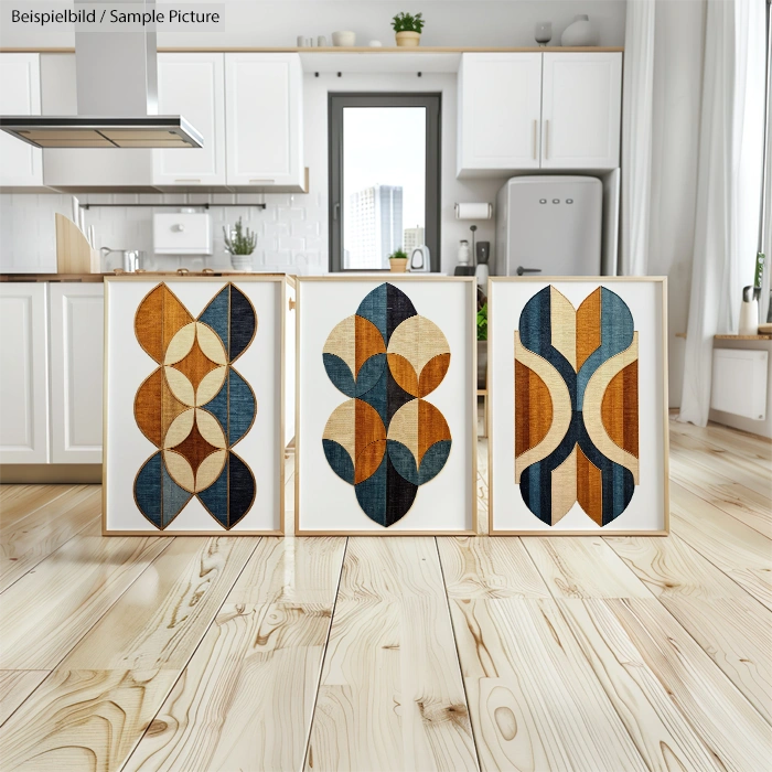 Three framed abstract art pieces with geometric shapes in navy, brown, and beige, displayed on a kitchen floor.