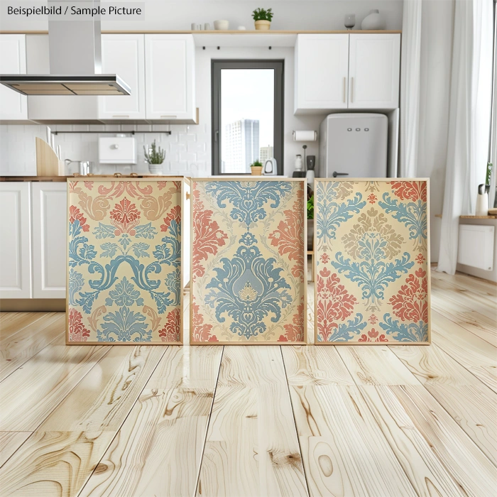 Three wallpaper samples with baroque patterns in red, blue, and gold on a wooden floor in a white kitchen.