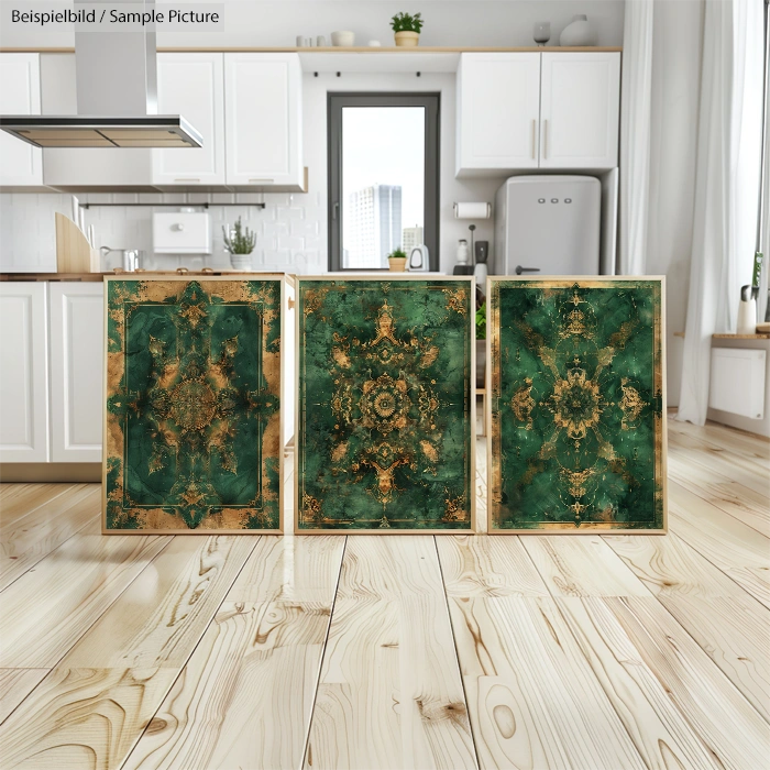 Three framed green and gold abstract paintings on a wooden floor in a modern kitchen setting.