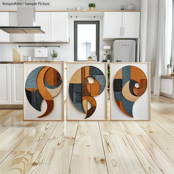 Kitchen interior with three framed wooden art pieces on the floor, showing abstract designs in blue and brown tones.