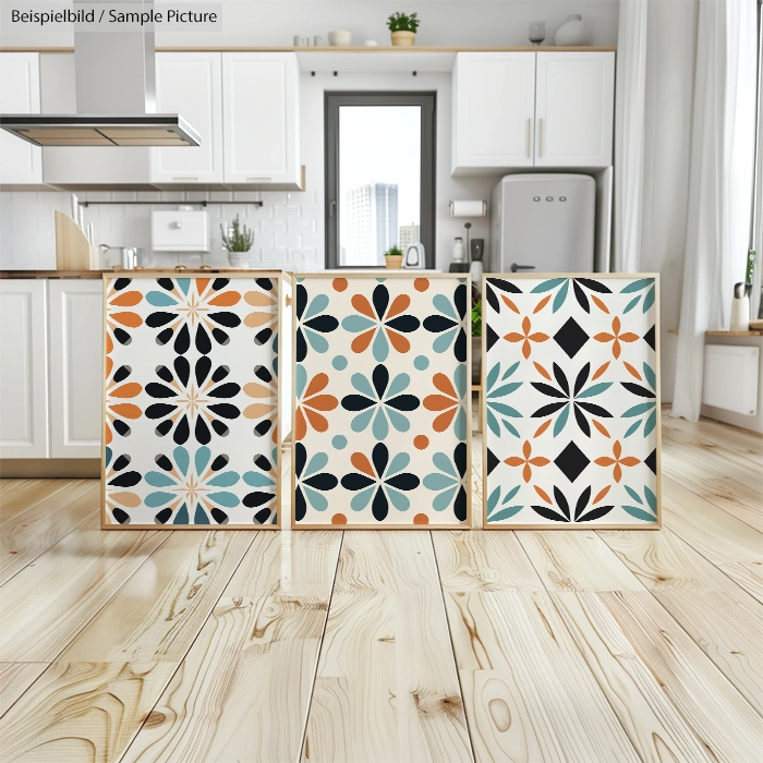 Three colorful floral pattern tiles displayed on a wooden floor in a modern kitchen setting.