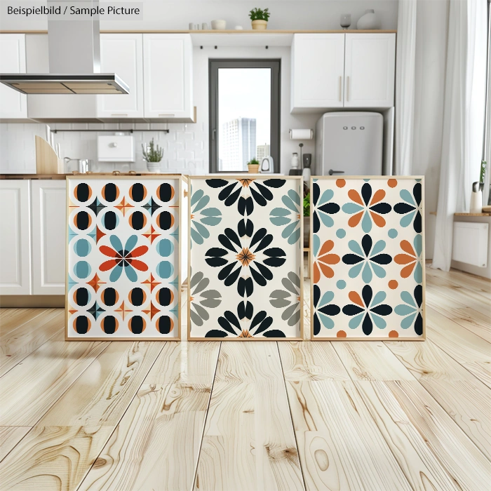 Modern kitchen with light wood flooring and cabinets adorned with colorful geometric art panels.