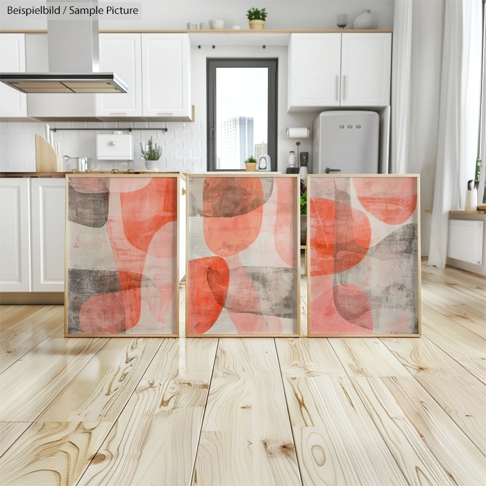 Modern kitchen with light wood floors and abstract red artwork on the floor.