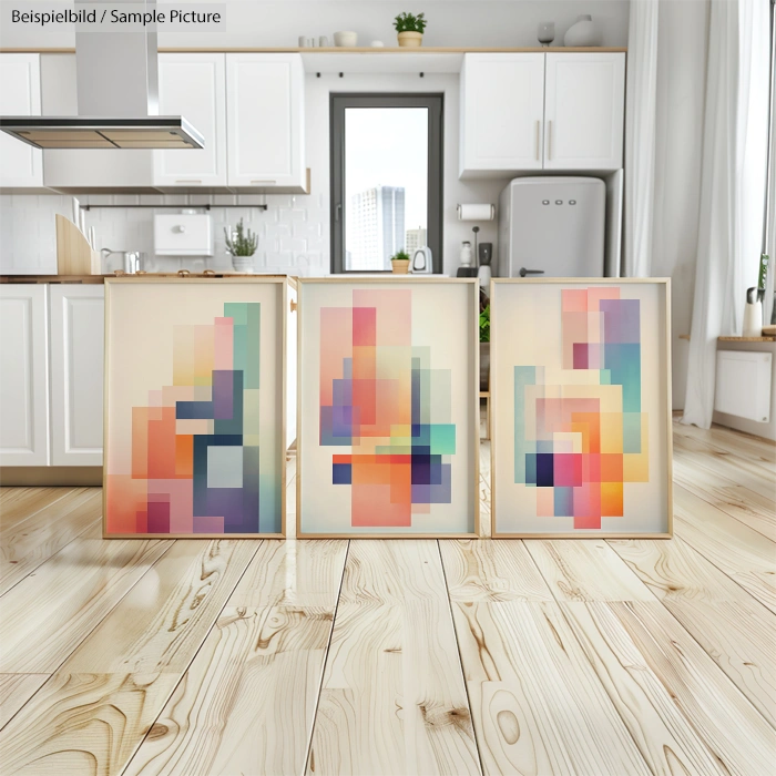 Three abstract geometric paintings in a modern kitchen with wooden floor and white cabinets.