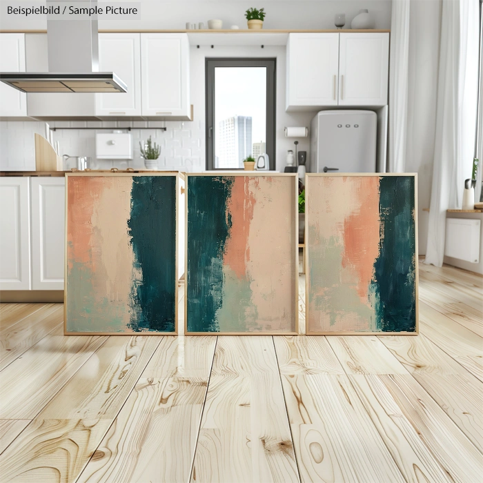 Colorful abstract paintings on a wooden floor in a bright modern kitchen.