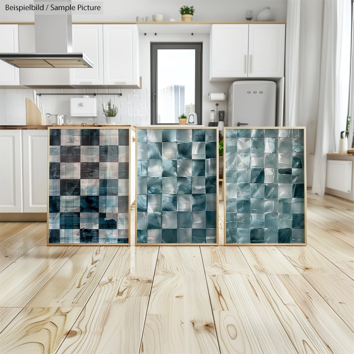 Modern kitchen with light wood flooring and abstract tiled art panels leaning against cabinets.