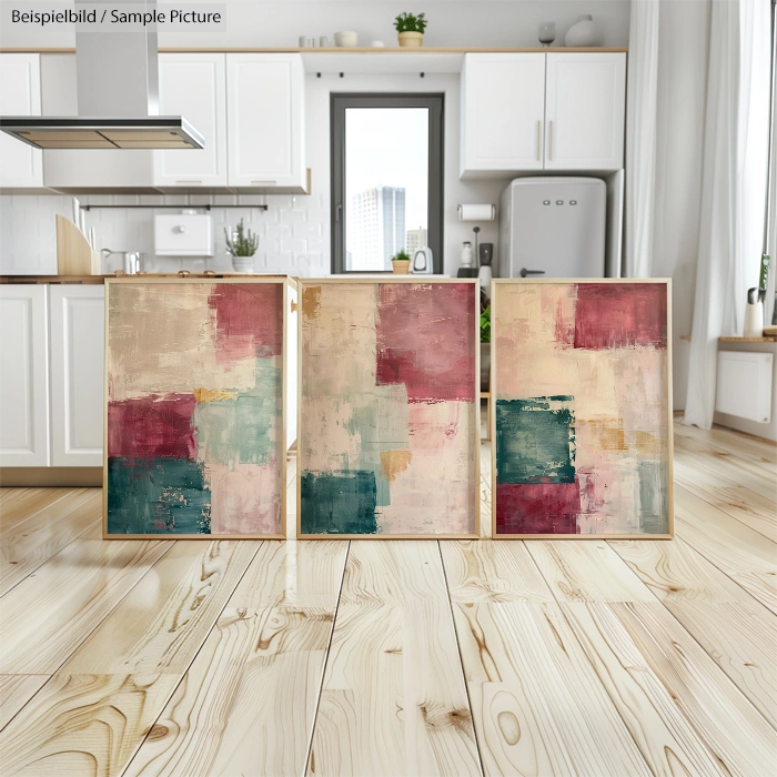 Framed abstract paintings with red, beige, and teal blocks in a modern kitchen setting on wooden floor.