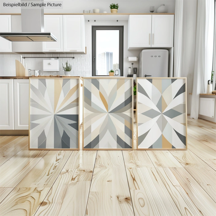 Three framed geometric abstract art pieces on a kitchen floor with wooden cabinets and a window in the background.