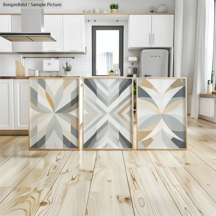 Three framed abstract geometric prints in a modern kitchen setting with white cabinets and a wooden floor.