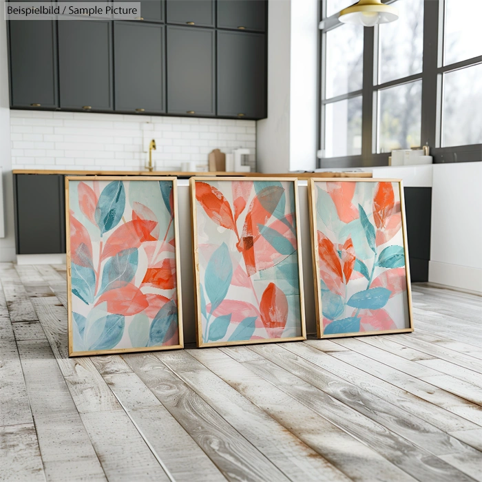 Three colorful abstract paintings leaning against a kitchen island in a modern kitchen with gray cabinets and large windows.