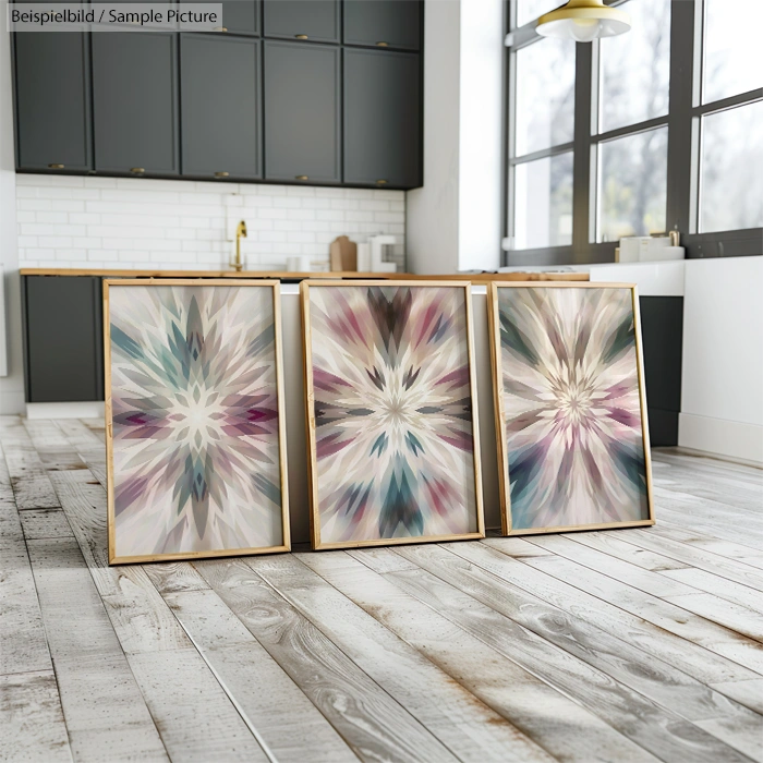 Three abstract paintings with geometric patterns in pastel colors, leaning on kitchen counter in modern kitchen.