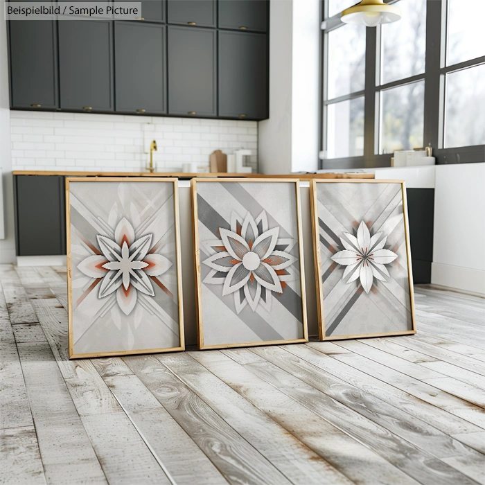 Modern kitchen with three framed geometric floral artworks on wood floor, dark cabinets, and large windows.