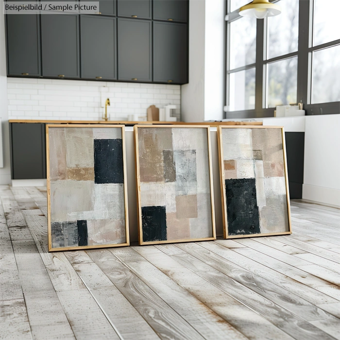 Three abstract paintings with geometric shapes in black, white, and beige tones, displayed in a modern kitchen.