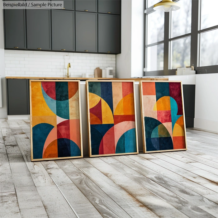 Three geometric abstract paintings with vibrant circles and rectangles in a modern kitchen setting.