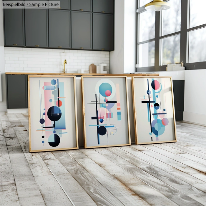 Three framed geometric abstract paintings on wooden floor in modern kitchen.