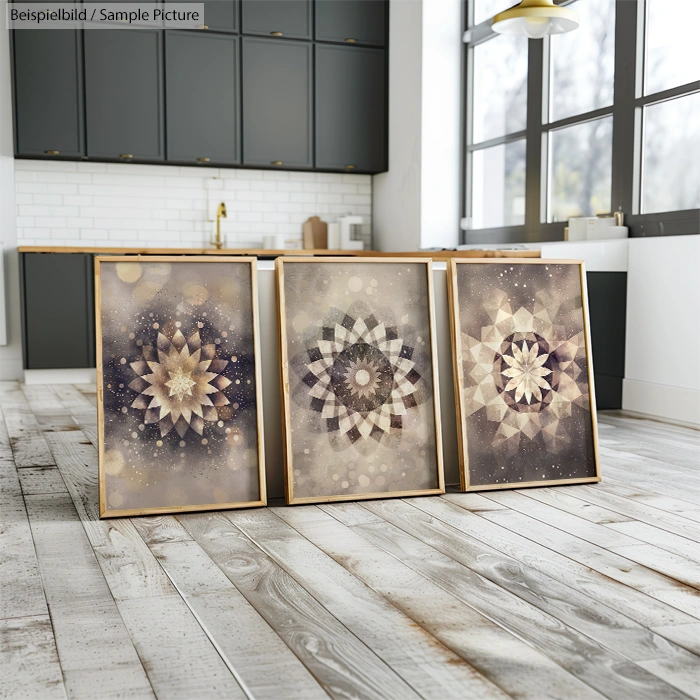 Three framed abstract mandala paintings on a wooden floor in a modern kitchen with large windows.