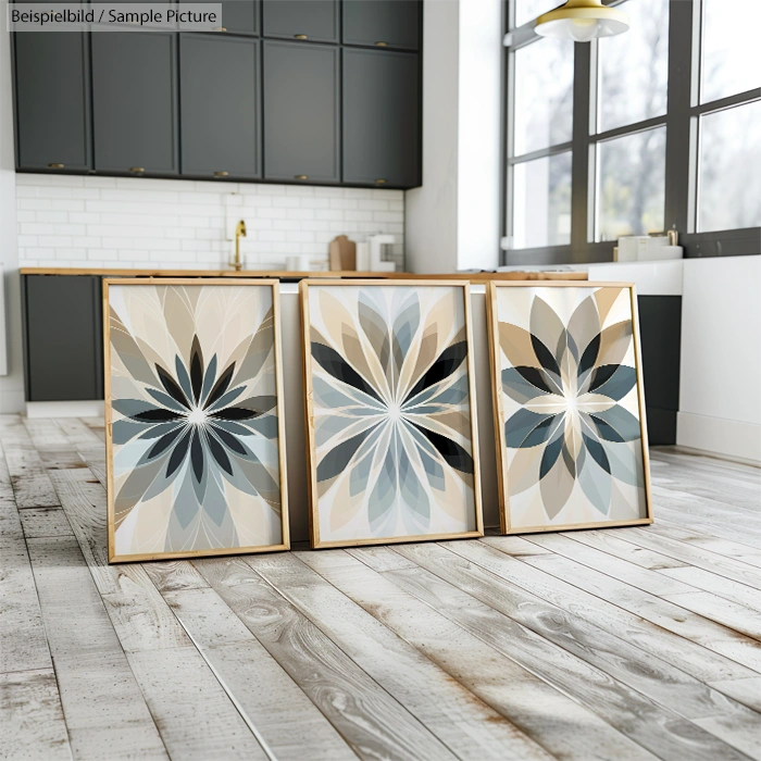 Three floral geometric prints in frames on a wooden floor in a modern kitchen with dark cabinets and white tiles.