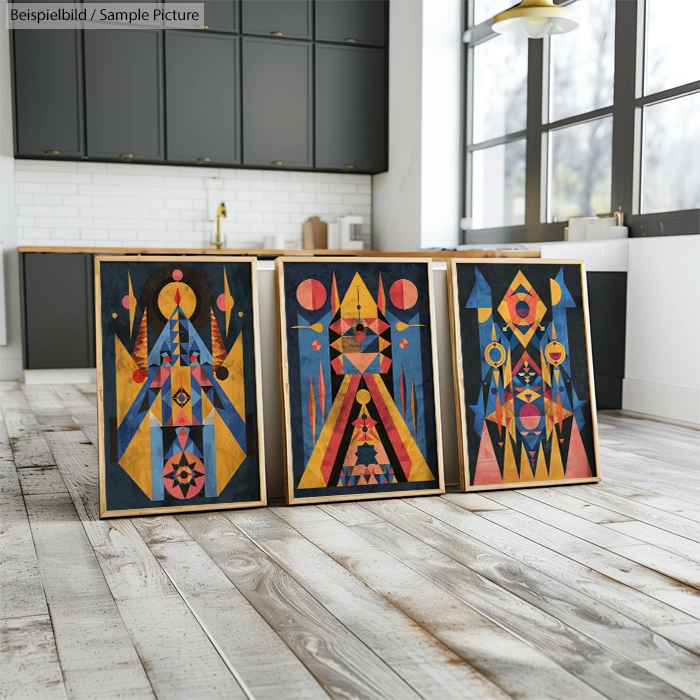 Three abstract geometric paintings with vibrant colors on a wooden floor in a modern kitchen setting.