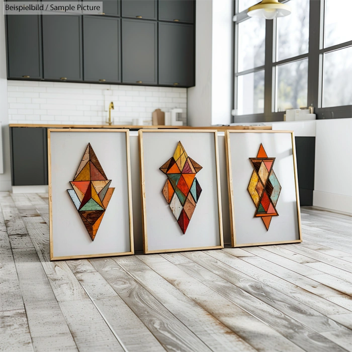 Three framed geometric artworks on a wooden floor in a modern kitchen with gray cabinets and large windows.