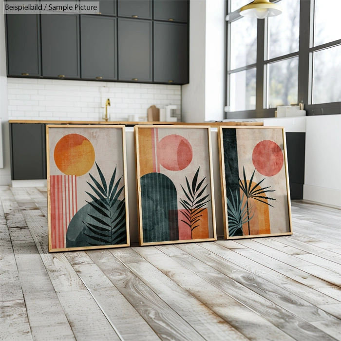 Three framed abstract art prints with sun and plant motifs, leaning on kitchen floor with white tiles and black cabinets.