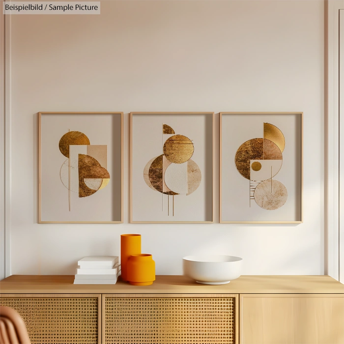 Modern living room with abstract art, wooden sideboard, and decorative vase and bowl, featuring warm beige tones.