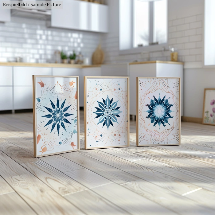 Three framed geometric artwork prints displayed on a wooden floor in a bright kitchen setting.