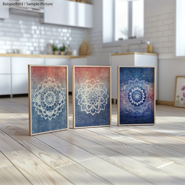 Three framed mandala artworks in a bright kitchen setting with wooden flooring.