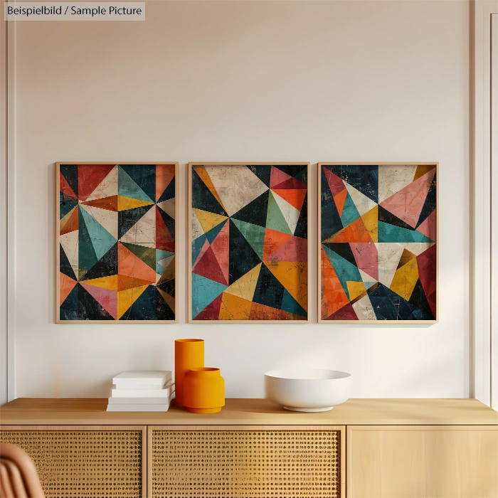 Trio of colorful geometric abstract paintings on a wall above a wooden sideboard with vases.