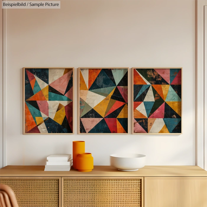 Modern interior with three abstract geometric paintings above a wooden sideboard, adorned with orange vases and a white bowl.