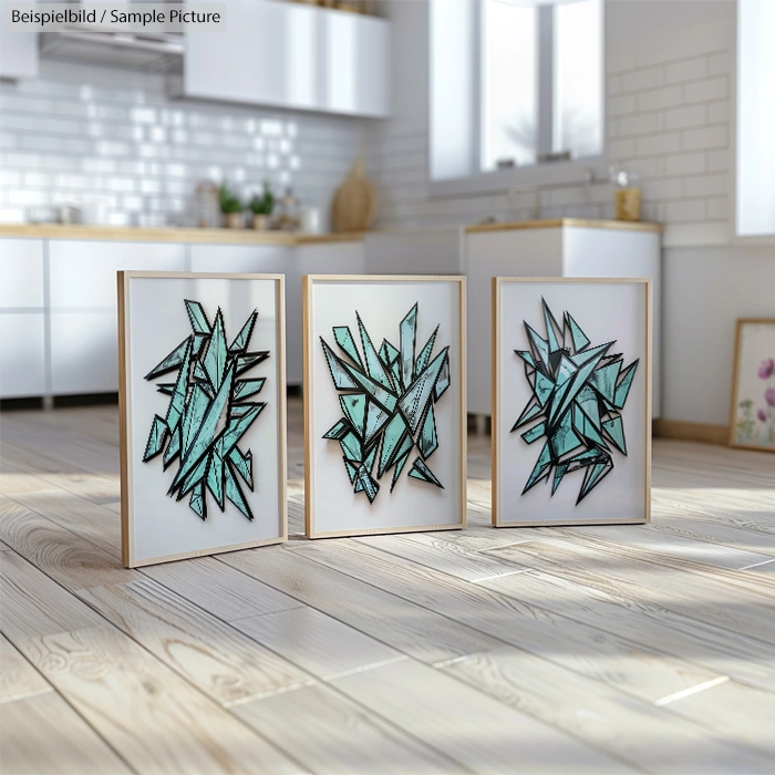 Three abstract geometric artworks with turquoise shapes in a modern, white kitchen setting.