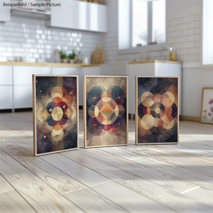 Three abstract geometric paintings in wooden frames on a sunlit floor in a modern kitchen space.