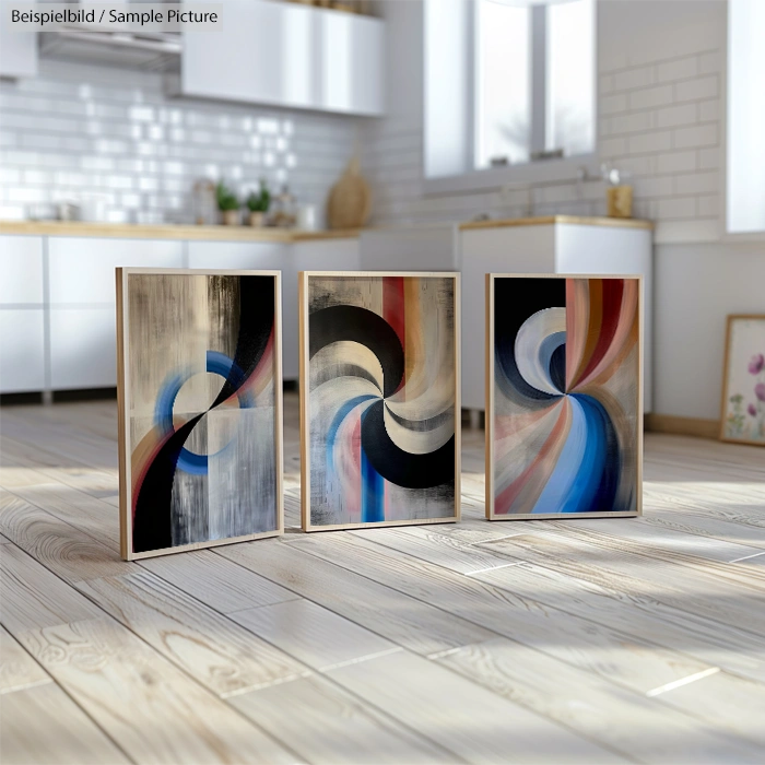 Abstract paintings with curves and swirls in a modern kitchen setting, emphasizing movement and color.