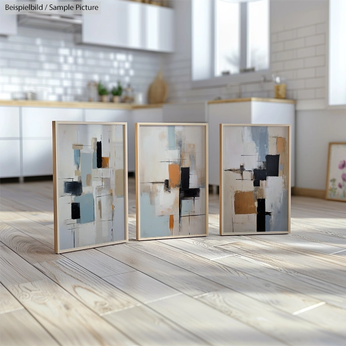 Three framed abstract paintings with geometric shapes displayed on a wooden floor in a modern kitchen setting.